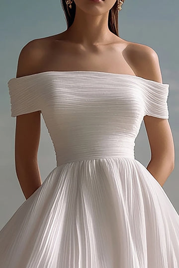 A-Line Of the Shoulder Chiffon Little White Graduation Dress